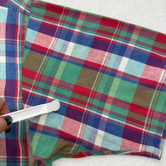 VTG 1980s Eddie Bauer Superior Madras Plaid Button Up Shirt SS Mens XL Preppy - Picture 12 of 13